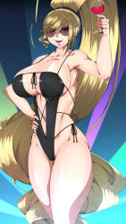 1girl absurdly_long_hair alcohol black_swimsuit blonde_hair breasts byakkun_(byakkun8181) cup drinking_glass earrings glass hand_on_own_hip heterochromia high_ponytail highres hilda_(under_night_in-birth) hoop_earrings jewelry large_breasts long_hair looking_at_viewer ponytail purple_lips red_eyes solo swimsuit under_night_in-birth very_long_hair wine wine_glass