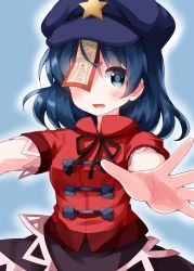 Rule 34 | 1girl, arms up, black bow, black bowtie, black skirt, blue background, blue eyes, blue hair, blue hat, blush, bow, bowtie, breasts, hair between eyes, hands up, hat, hat ornament, highres, looking away, medium breasts, miyako yoshika, one-hour drawing challenge, open mouth, paper, red shirt, red sleeves, ruu (tksymkw), shirt, short hair, short sleeves, simple background, skirt, solo, star (symbol), touhou
