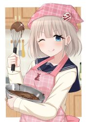 Rule 34 | 1girl, ;q, apron, bandana, black sailor collar, blue eyes, blurry, blurry background, bowl, closed mouth, commentary request, depth of field, earrings, frozenpile, grey hair, highres, holding, holding bowl, holding whisk, idolmaster, idolmaster shiny colors, indoors, jewelry, licking lips, looking at viewer, mixing bowl, one eye closed, pink apron, pink bandana, sailor collar, school uniform, serafuku, serizawa asahi, shirt, short hair, smile, solo, tongue, tongue out, upper body, valentine, whisk, white shirt
