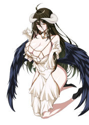 Rule 34 | 1girl, ahoge, albedo (overlord), bare shoulders, black footwear, black hair, breasts, cleavage, closed mouth, commentary, curled fingers, curled horns, demon girl, demon horns, dress, feathered wings, frilled dress, frills, full body, gloves, hair between eyes, high heels, highres, horns, huge breasts, kneeling, large breasts, long hair, low wings, overlord (maruyama), rantia, simple background, slit pupils, smile, solo, strapless, strapless dress, thighs, white background, white dress, white gloves, wings, yellow eyes