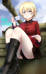 Rule 34 | 1girl, artist name, black footwear, black skirt, blonde hair, blue eyes, blush, boots, braid, breasts, closed mouth, cup, darjeeling (girls und panzer), french braid, girls und panzer, happy birthday, highres, large breasts, looking at viewer, military, military uniform, military vehicle, miniskirt, motor vehicle, outdoors, pleated skirt, redbaron, shiny skin, short hair, sitting, skirt, smile, solo, st. gloriana&#039;s military uniform, tank, uniform