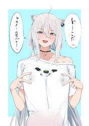 Rule 34 | 1girl, :d, absurdres, ahoge, animal ears, aoyagi kabota, bare shoulders, blush, breasts, choker, covered erect nipples, earrings, grey eyes, highres, hololive, jewelry, large breasts, lion ears, lion girl, long hair, looking at viewer, necklace, off shoulder, open mouth, shishiro botan, shishiro botan (button-down), shishiro botan (casual), smile, solo, translation request, twintails, virtual youtuber, white hair