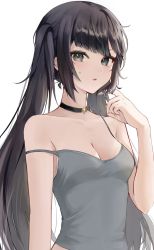 Rule 34 | 1girl, absurdres, alternate costume, bare arms, bare shoulders, black choker, black hair, blush, breasts, camisole, choker, cleavage, collarbone, crop top, genshin impact, green eyes, grey camisole, hand up, highres, index finger raised, long hair, looking at viewer, maya (gpmp3825), mona (genshin impact), parted lips, shirt, sidelocks, simple background, sleeveless, sleeveless shirt, small breasts, solo, star (symbol), star choker, strap slip, sweatdrop, swept bangs, twintails, upper body, white background