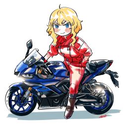 Rule 34 | 1girl, blonde hair, blue eyes, blush, boots, brown footwear, chibi, closed mouth, commentary, commission, english commentary, from side, gloves, hand on own hip, highres, jacket, leather, leather jacket, looking at viewer, medium hair, motor vehicle, motorcycle, original, pants, red gloves, red jacket, red pants, ryusei hashida, signature, smile, solo, wavy mouth, yamaha, yzf-r25