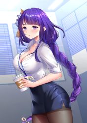 Rule 34 | 1girl, banglinh1997, blunt bangs, blush, braid, breasts, cleavage, collared shirt, contemporary, cup, curtains, flower, genshin impact, hair flower, hair ornament, highres, holding, holding cup, id card, indoors, large breasts, low-braided long hair, low-tied long hair, mole, mole under eye, office, office lady, pantyhose, parted lips, pencil skirt, purple eyes, purple hair, raiden shogun, shirt, skirt, solo, thighs, window