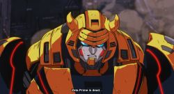 Rule 34 | 1boy, autobot, blue eyes, bumblebee, close-up, commentary, dmitry grozov, english commentary, english text, highres, horns, looking down, mecha, no humans, robot, solo, the transformers (idw), transformers
