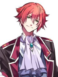 Rule 34 | 1boy, ascot, black jacket, closed mouth, commentary request, eiyuu densetsu, formal, green eyes, hair between eyes, head tilt, highres, jacket, jimen ko, lechter arundel, light smile, male focus, multicolored clothes, multicolored jacket, purple ascot, red hair, red jacket, sen no kiseki, sen no kiseki iv, short hair, simple background, solo, suit, two-tone jacket, upper body, white background, white trim