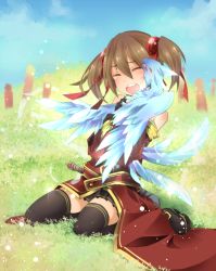 Rule 34 | 10s, 1girl, animal, armor, black thighhighs, breastplate, brown hair, closed eyes, errant, feathers, fingerless gloves, from behind, gloves, highres, pina (sao), short twintails, silica, sitting, sword art online, tears, thighhighs, toutenkou, twintails, wariza