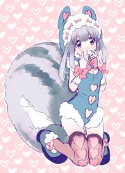 Rule 34 | 1girl, amezawa koma, animal ears, blue eyes, blue footwear, blue leotard, blush, bow, bowtie, breasts, brown thighhighs, cleavage, closed mouth, clothing cutout, dated, fingerless gloves, full body, fur-trimmed hood, fur trim, gloves, grey hair, hands up, heart, heart background, heart cutout, hood, hood up, kneeling, leotard, looking at viewer, navel cutout, original, pink background, pink bow, pink bowtie, shoes, small breasts, smile, solo, squirrel ears, squirrel tail, tail, thigh gap, thighhighs, twintails, white gloves