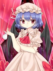 Rule 34 | 1girl, :/, holding another&#039;s arm, bad id, bad pixiv id, bat wings, blue hair, blush, brooch, cheunes, ascot, cup, curtains, dated, hat, hat ribbon, highres, jewelry, looking at viewer, mob cap, puffy short sleeves, puffy sleeves, red eyes, remilia scarlet, ribbon, short hair, short sleeves, skirt, skirt set, solo, teacup, touhou, wings