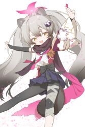 Rule 34 | 1girl, animal ears, bandaged leg, bandages, black hair, black scarf, blue archive, blush, detached sleeves, fang, fishnets, floral print, gradient hair, gradient scarf, grey hair, hair ornament, highres, japanese clothes, long hair, michiru (blue archive), multicolored hair, neckerchief, open mouth, orange eyes, pink neckerchief, pink scarf, raccoon ears, raccoon girl, raccoon hair ornament, raccoon tail, scarf, simple background, single detached sleeve, solo, tail, twintails, urotsuki (2013.04)