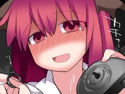 Rule 34 | 1girl, blush, commentary request, empty eyes, hammer (sunset beach), head wings, key, koakuma, lock, open mouth, red eyes, red hair, smile, solo, touhou, upper body, wings