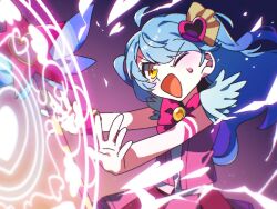Rule 34 | 1girl, ahoge, arm tattoo, blue hair, bow, bowtie, electricity, floating hair, highres, lobotomy corporation, long hair, looking at viewer, magic circle, one eye closed, open mouth, outstretched arms, pink skirt, pink vest, project moon, queen of hatred, shirt, single wrist cuff, skirt, sleeveless, sleeveless shirt, solo, sweatdrop, tattoo, tomatomari, two side up, upper body, v-shaped eyebrows, vest, wand, white shirt, wrist cuffs, yellow eyes