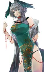 Rule 34 | 1girl, aqua dress, aqua eyes, arknights, china dress, chinese clothes, dress, feathered wings, grey hair, hagoromo, head wings, highres, ho&#039;olheyak (arknights), iwashi 80, print dress, shawl, simple background, smile, solo, white background, wings