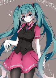Rule 34 | 1girl, black pantyhose, blue eyes, blue hair, blue necktie, cowboy shot, floating hair, grey background, hair between eyes, hatsune miku, highres, holding, long hair, looking at viewer, lucky keai, miniskirt, necktie, pantyhose, pink shirt, pink skirt, shiny clothes, shirt, skirt, solo, standing, star (symbol), star print, twintails, very long hair, vocaloid