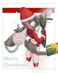 Rule 34 | 10s, 1girl, absurdres, aircraft, airplane, ammunition, ass, bad id, bad pixiv id, boat, brown eyes, brown hair, from behind, highres, kantai collection, looking at viewer, looking back, open mouth, sack, santa costume, sein (tgf19911119), short hair, solo, taihou (kancolle), thighhighs, watercraft, weapon