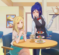 Rule 34 | 2girls, black pants, black vest, blonde hair, blue dress, blue hair, bow, bowtie, braid, chair, closed mouth, collared shirt, commentary request, crown braid, cup, dress, gloves, highres, holding, holding saucer, holding tray, indoors, long hair, long sleeves, love live!, love live! sunshine!!, matsuura kanan, multiple girls, nyasa, ohara mari, open mouth, own hands together, painting (object), pants, ponytail, purple eyes, red bow, red bowtie, saucer, shirt, single hair ring, sitting, smile, standing, table, teacup, teapot, tiered tray, tray, vest, waitress, white gloves, white shirt, yellow eyes