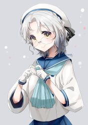 Rule 34 | 1girl, blue neckerchief, blue sailor collar, blue skirt, brown eyes, commentary request, glasses, gloves, grey background, grey hair, hat, heart, heart hands, highres, hirato (kancolle), kantai collection, kimura shiki, long sleeves, neckerchief, one-hour drawing challenge, pleated skirt, sailor collar, sailor hat, school uniform, serafuku, short hair, simple background, skirt, solo, upper body, wavy hair, white gloves