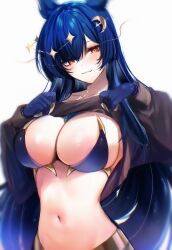 Rule 34 | 1girl, adhesive bra, animal ears, black shirt, blue bra, blue gloves, blue hair, bra, breasts, claws, cleavage, commission, fang, gloves, hair between eyes, hair ornament, highres, indie virtual youtuber, large breasts, lifted by self, light smile, long bangs, long hair, long sleeves, looking at viewer, maru ccy, moon (ornament), navel, orange eyes, parted bangs, second-party source, shirt, shirt hold, sidelocks, simple background, skin fang, slit pupils, solo, star (symbol), star hair ornament, stomach, underwear, upper body, very long hair, vienna (vtuber), virtual youtuber, white background