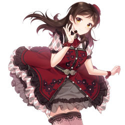 Rule 34 | 1girl, blush, brown hair, closed mouth, cowboy shot, floating hair, grey skirt, hat, highres, holding, idolmaster, idolmaster million live!, idolmaster million live! theater days, kitazawa shiho, long hair, looking at viewer, mini hat, miniskirt, pink thighhighs, red hat, short sleeves, simple background, skirt, smile, solo, standing, swept bangs, thighhighs, touon, white background, wrist cuffs, yellow eyes, zettai ryouiki