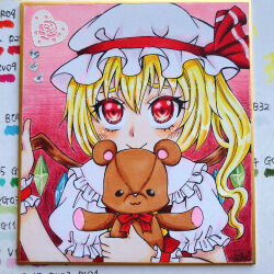 Rule 34 | 1girl, absurdres, ascot, ayanagi honpo, blonde hair, closed mouth, crystal, flandre scarlet, gradient background, hair between eyes, hat, hat ribbon, highres, holding, holding stuffed toy, looking at viewer, marker (medium), medium hair, mob cap, multicolored wings, one side up, photo (medium), pink background, puffy short sleeves, puffy sleeves, red background, red eyes, red ribbon, red vest, ribbon, shikishi, shirt, short sleeves, solo, stuffed animal, stuffed toy, teddy bear, touhou, traditional media, upper body, vest, white hat, white shirt, wings, wrist cuffs, yellow ascot