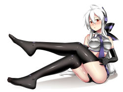 Rule 34 | 1girl, ahoge, bare shoulders, black thighhighs, blush, bow, caffein, elbow gloves, gloves, hair bow, highres, legs, long hair, looking at viewer, red eyes, shiny clothes, shiny skin, simple background, sitting, solo, thighhighs, thighs, very long hair, vocaloid, white background, white hair, yowane haku