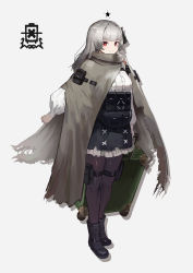 Rule 34 | 1girl, absurdres, bannouyakunta, black footwear, black vest, boots, brown cloak, cloak, closed mouth, commentary request, full body, gradient background, grey background, highres, long hair, long sleeves, looking at viewer, original, panties, purple legwear, red eyes, shirt, silver hair, simple background, smile, solo, standing, star (symbol), suitcase, thigh strap, torn clothes, underwear, vest, white shirt