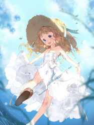 Rule 34 | 1girl, bare shoulders, blue eyes, blush, breasts, brown hair, cleavage, day, dress, earrings, flower, gradient background, hat, hat flower, jewelry, long hair, macciatto (aciel02), original, platform footwear, sandals, skirt hold, sky, small breasts, smile, solo, splashing, strapless, strapless dress, straw hat, water, wavy hair