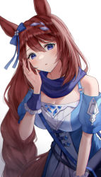 Rule 34 | 1girl, animal ears, bare shoulders, blue dress, blue eyes, bow, braid, breasts, brown hair, cleavage, commentary, crown braid, dress, hair bow, hand on own thigh, hand up, horse ears, horse girl, large breasts, leaning forward, long hair, looking at viewer, parted lips, simple background, solo, super creek (umamusume), umamusume, very long hair, white background, wrist cuffs, yoimoriyoru