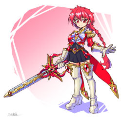 Rule 34 | 1girl, boots, braid, braided ponytail, breasts, commentary, elbow gloves, gloves, highres, holding, holding sword, holding weapon, long hair, looking at viewer, magic knight rayearth, medium breasts, oomasa teikoku, open hand, red eyes, red hair, shidou hikaru, solo, sword, thigh boots, thighhighs, weapon