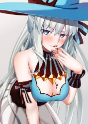 Rule 34 | 1girl, bare shoulders, blue eyes, blue hat, blue nails, blue shirt, blush, breasts, chocolate, chocolate on body, chocolate on breasts, chocolate on face, cleavage, commentary request, fate/grand order, fate (series), fingernails, food, food on body, food on breasts, food on face, grey background, grey hair, hair ribbon, hat, highres, large breasts, long hair, masaruokayama, morgan le fay (fate), morgan le fay (valentine witches) (fate), official alternate costume, ponytail, ribbon, seductive smile, shirt, simple background, skirt, sleeveless, sleeveless shirt, smile, solo, tongue, tongue out, white skirt, witch hat