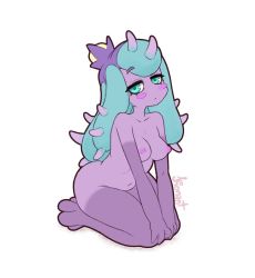 Rule 34 | 1girl, bad id, bad twitter id, blue eyes, blue hair, blush stickers, breasts, closed mouth, completely nude, creatures (company), game freak, gen 7 pokemon, head tilt, kionant, long hair, looking at viewer, mareanie, medium breasts, navel, nintendo, nipples, nude, pokemon, seiza, signature, simple background, sitting, solo, white background