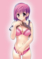 Rule 34 | 1girl, adjusting clothes, adjusting panties, blush, bra, breasts, camisole, cleavage, clothes lift, halftone, halftone background, lingerie, mahan (clock hearts), navel, original, panties, pink background, pink bra, pink eyes, pink hair, pink panties, pink theme, purple eyes, purple hair, shiny skin, shirt lift, short hair, smile, solo, thigh gap, underwear