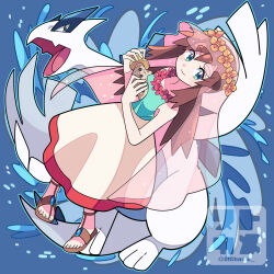 Rule 34 | 1girl, bare arms, brown footwear, brown hair, closed mouth, commentary request, creatures (company), eyelashes, game freak, gen 2 pokemon, green eyes, green shirt, hands up, highres, holding, holding instrument, instrument, legendary pokemon, long hair, lugia, melody (pokemon), nintendo, pokemon, pokemon (anime), pokemon (classic anime), pokemon (creature), pokemon the movie 2000: the power of one, sandals, shirt, sidelocks, skirt, smile, sutokame, toes, veil