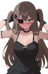 Rule 34 | 1girl, absurdres, arms up, black choker, black dress, black gloves, blush, breasts, brown hair, choker, closed mouth, collarbone, commentary request, dress, eyepatch, fishnet sleeves, fishnets, gloves, green eyes, highres, korean commentary, large breasts, long hair, looking at viewer, one eye covered, sei (0724sei6), simple background, solo, twintails, v-shaped eyebrows, viichan, virtual youtuber, waktaverse, white background
