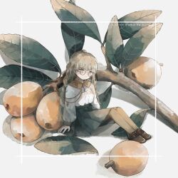 Rule 34 | 1girl, blonde hair, border, branch, breasts, brown footwear, chomi (xchomio), closed mouth, dated, earrings, food, fruit, full body, glasses, grey skirt, highres, jewelry, leaf, long hair, long sleeves, looking at viewer, mini person, minigirl, original, pantyhose, round eyewear, shirt, shirt tucked in, shoes, signature, sitting, skirt, small breasts, solo, watermark, white shirt