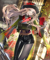 Rule 34 | 1girl, book, breasts, brown hair, building, capelet, chain, closed mouth, curvy, elf, fedora, floral print, flower, green eyes, hand up, hat, high collar, highres, holding, holding book, japanese clothes, kouyafu, large breasts, leggings, long hair, monocle, narrow waist, obi, official art, pointy ears, print shirt, red flower, ribbon, sash, shadowverse, shirt, skeleton print, skin tight, sliding doors, solo, verdant lieutenant (shadowverse), very long hair, wide hips, wide sleeves, yellow ribbon