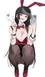 Rule 34 | 1girl, animal ears, black hair, black pantyhose, black skirt, blunt bangs, blush, bow, bowtie, breasts, cellphone, cleavage, commentary request, detached collar, fake animal ears, half-closed eyes, hand up, head tilt, heart, holding, holding phone, jiu ye sang, large breasts, leotard, licking lips, long hair, looking at viewer, open mouth, original, pantyhose, phone, playboy bunny, rabbit ears, red bow, red bowtie, red eyes, red footwear, red leotard, selfie, shoes, sidelocks, simple background, skirt, smartphone, smile, solo, squatting, straight hair, tongue, tongue out, traditional bowtie, v, white background, white wrist cuffs, wrist cuffs