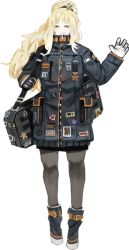 Rule 34 | 1girl, bad source, bag, black coat, blonde hair, coat, ezra (project moon), gloves, hair ornament, long hair, official art, pantyhose, ponytail, pouch, project moon, red eyes, star (symbol), star hair ornament, the distortion detective, transparent background