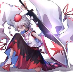 Rule 34 | 1girl, 33 gaff, animal ear fluff, animal ears, black skirt, closed mouth, commentary request, commission, detached sleeves, full body, geta, grey hair, hat, holding, holding sword, holding weapon, inubashiri momiji, kneeling, leaf, leaf print, looking at viewer, maple leaf, maple leaf print, red eyes, red footwear, red hat, red skirt, ribbon-trimmed sleeves, ribbon trim, short hair, simple background, skeb commission, skirt, socks, solo, sword, tail, tengu-geta, tokin hat, touhou, weapon, white background, white socks, wide sleeves, wolf ears, wolf girl, wolf tail