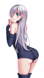 Rule 34 | 10s, 1girl, absurdres, aqua eyes, ass, bare shoulders, earrings, elizabeth liones, hair over one eye, highres, jewelry, leotard, long hair, looking back, nanatsu no taizai, nian (zhanian), silver hair, smile, solo, steepled fingers, thighhighs, very long hair, white background