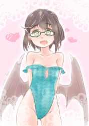 Rule 34 | 1girl, adapted costume, aqua one-piece swimsuit, arms behind back, bat wings, brown hair, cleavage cutout, clothing cutout, commentary request, cosplay, dated, embarrassed, flat chest, fyuo, green-framed eyewear, green eyes, hair ornament, hairclip, happy, heart, highleg, highleg swimsuit, highres, kantai collection, looking at viewer, morrigan aensland, morrigan aensland (cosplay), multicolored hair, okinami (kancolle), one-hour drawing challenge, pink background, pink hair, smile, solo, swimsuit, unmoving pattern, vampire (game), wings