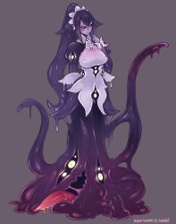 Rule 34 | 1girl, apron, artist name, bad id, bad tumblr id, black sclera, breasts, colored sclera, eldritch abomination, extra tongue, gyarusatan, large breasts, looking at viewer, maid, maid headdress, monster girl, monster girl encyclopedia, shoggoth (monster girl encyclopedia), slime (substance), solo, tentacles, uniform, yellow eyes