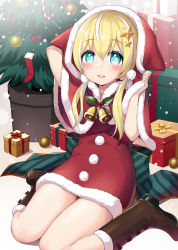 Rule 34 | :d, arm up, bell, blonde hair, blue eyes, blush, boots, box, brown footwear, candy, candy cane, capelet, christmas ornaments, christmas tree, commentary request, dress, food, fur-trimmed boots, fur-trimmed capelet, fur-trimmed dress, fur-trimmed hood, fur trim, gift, gift box, green nails, hair between eyes, hair ornament, hand up, highres, hood, hood up, hooded capelet, looking at viewer, minamura haruki, multicolored hair, nail polish, open mouth, red capelet, red dress, shinengumi, sitting, smile, solo, star (symbol), star hair ornament, streaked hair, suzukaze shitora, teeth, thighs, upper teeth only, virtual youtuber, wariza, white hair