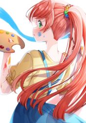 Rule 34 | 1girl, alternate hairstyle, color guide, commentary request, eyelashes, green eyes, hair ornament, highres, hirogaru sky! precure, holding, holding paintbrush, long hair, nijigaoka mashiro, osarutukamaeru, paint on body, paint splatter, paint splatter on face, paintbrush, painting (action), ponytail, precure, side ponytail, simple background, sleeves rolled up, solo, standing, white background