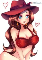 Rule 34 | 1girl, artist name, blue eyes, bow, bra, breasts, brown hair, cleavage, collarbone, donkey kong (series), earrings, eyelashes, eyeshadow, fedora, gold earrings, hat, hat bow, hat ribbon, heart, jewelry, lace, lace-trimmed bra, lace trim, large breasts, lips, lipstick, long hair, looking at viewer, makeup, mario (series), nintendo, panties, parted lips, patreon logo, patreon username, pauline (mario), purple eyeshadow, purple ribbon, red bra, red hat, red lips, red panties, ribbon, shiny skin, simple background, smile, solo, sugarbell, super mario odyssey, underwear, white background