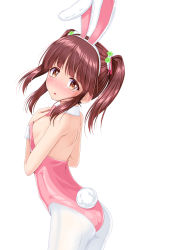 Rule 34 | 1girl, animal ears, ass, bow, bowtie, breasts, brown eyes, brown hair, cowboy shot, detached collar, fake animal ears, from behind, highres, idolmaster, idolmaster cinderella girls, leotard, long hair, looking at viewer, ogata chieri, pantyhose, pink bow, pink bowtie, pink leotard, playboy bunny, rabbit ears, rabbit tail, sideboob, simple background, small breasts, solo, strapless, strapless leotard, tail, twintails, u2 (5798239), white background, white pantyhose, wrist cuffs