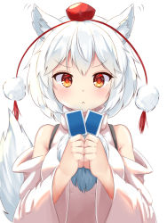 Rule 34 | 1girl, animal ears, bare shoulders, blush, breasts, card, commentary, commentary request, detached sleeves, hat, inubashiri momiji, looking at viewer, medium breasts, pom pom (clothes), red eyes, rururiaru, shirt, short hair, silver hair, simple background, sleeveless, sleeveless shirt, solo, tail, tokin hat, touhou, turtleneck, upper body, white background, white shirt, wolf ears, wolf tail