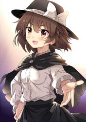 Rule 34 | 1girl, black capelet, black skirt, blush, bow, breasts, brown eyes, brown hair, capelet, commentary request, cowboy shot, e.o., fedora, gradient background, hair between eyes, hand on own hip, hat, hat bow, highres, long sleeves, looking at viewer, open mouth, purple background, reaching, reaching towards viewer, shirt, short hair, skirt, small breasts, smile, solo, touhou, usami renko, white background, white bow, white shirt