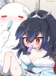 Rule 34 | 1girl, bare shoulders, black hair, blue hair, blush, breasts, cleavage, cuffs, food, fur trim, goku fubukihime, high ponytail, japanese clothes, kimono, large breasts, long hair, multicolored hair, off shoulder, pale skin, popsicle, red eyes, shackles, snowman, solo, sweat, tabana, traditional youkai, twitter username, two-tone hair, youkai (youkai watch), youkai watch, youkai watch: punipuni, yuki onna